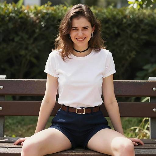 Photograph of a smiling young woman with wavy brown hair, wearing a white t-shirt, black shorts, brown belt, and black choker,