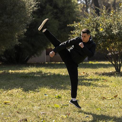 Sunlit High Kick in Grassy Field