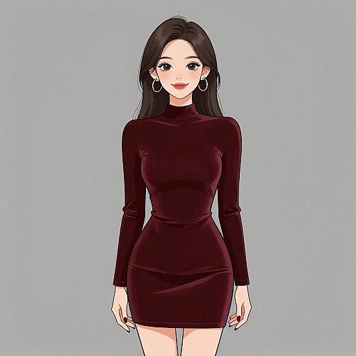 Digital anime-style drawing of a smiling woman with long black hair, wearing a tight, long-sleeve, dark burgundy mini dress and large hoop