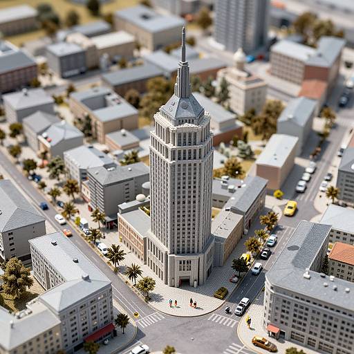 Aerial photograph of a detailed miniature cityscape featuring a central, tall, grey skyscraper with a spire, surrounded by smaller buildings, streets,