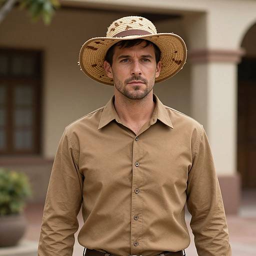 Photograph of a serious, bearded man with dark hair, wearing a straw hat and tan button-up shirt, standing in front of a blurred,