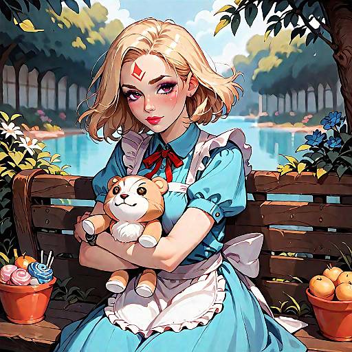 Blonde Girl on Bench Hugging Doll