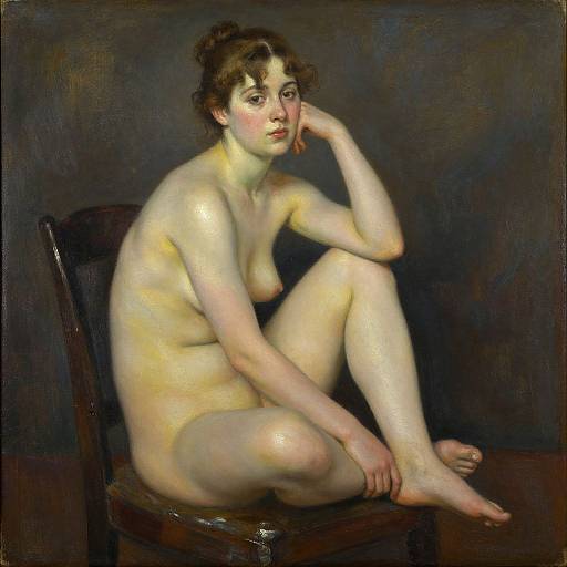 Realistic oil painting of a nude, fair-skinned woman with curly brown hair, sitting on a dark wooden chair against a dark background. She gaz