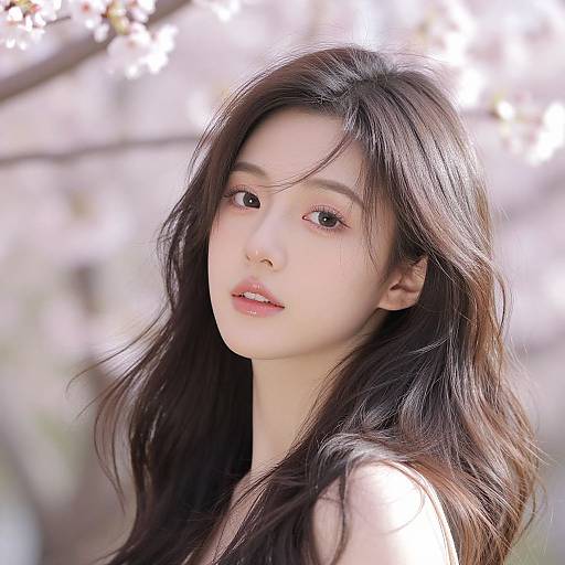 Photograph of an East Asian woman with long, wavy black hair, fair skin, and soft pink lips, set against a blurred background of white