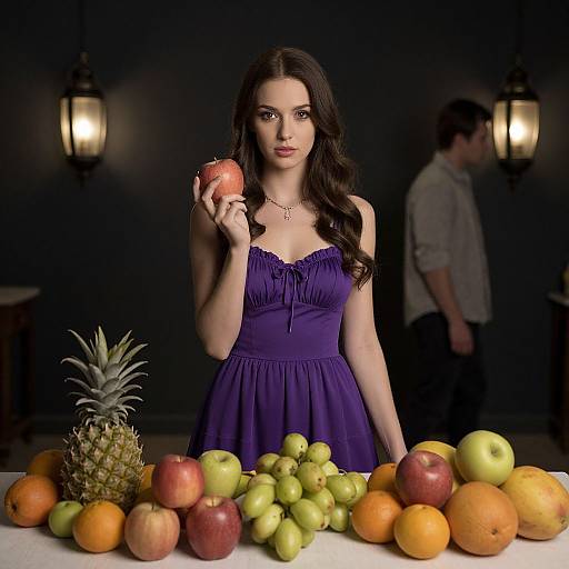 Photograph of a brunette woman in a purple dress, holding an apple, standing before a fruit table with apples, oranges, and a pineapple, dim