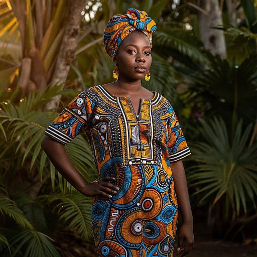 Photograph of a confident African woman in vibrant, patterned dress and headwrap, with yellow earrings, standing against lush tropical foliage.
