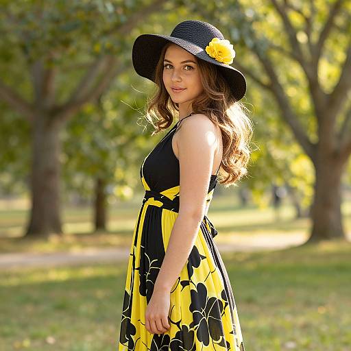 Young woman in black and yellow dress with hat in park