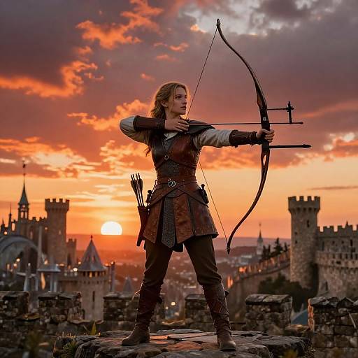 Photograph of a blonde, armored archer woman drawing a bow at sunset, with medieval castle walls and dramatic orange sky in the background.