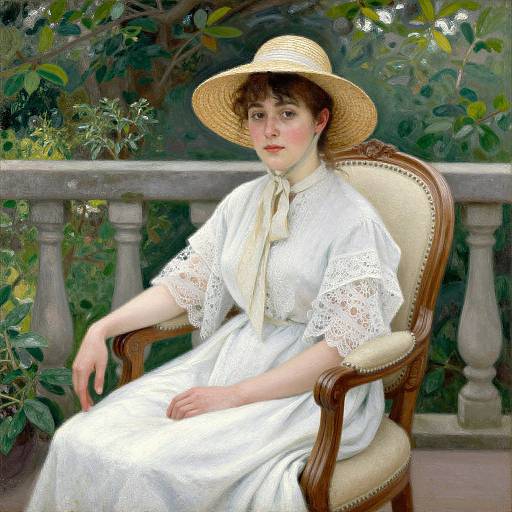 Digital painting of a fair-skinned woman with brown curls, wearing a white lace dress and straw hat, seated on a wooden chair in a lush,