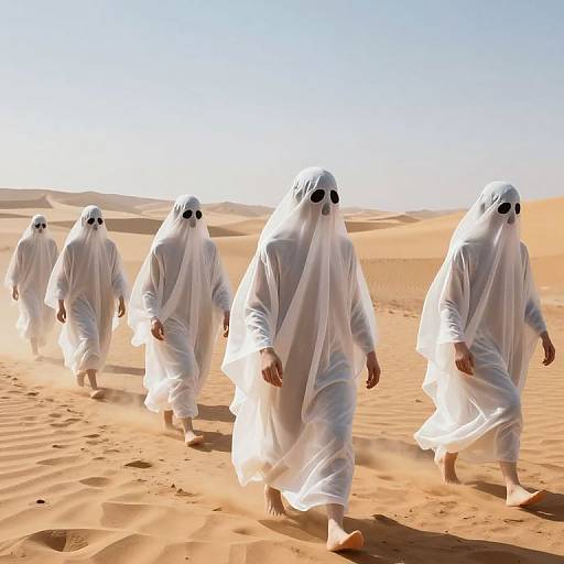Photograph of five white-robed, masked figures walking in a sunlit desert, casting long shadows on golden sand dunes.