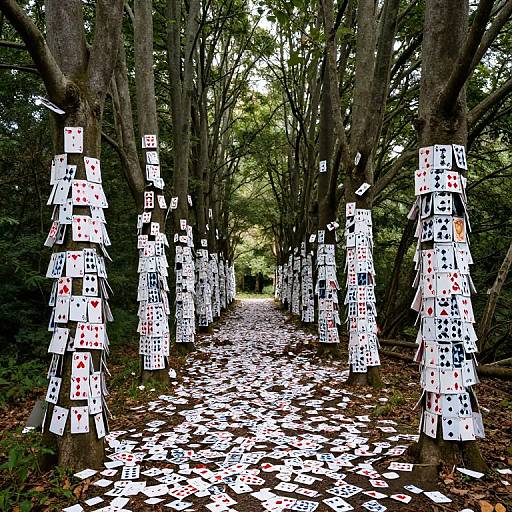 Photograph of a forest path lined with trees, each adorned with playing cards, creating a surreal, whimsical scene. Cards cover trees and path.