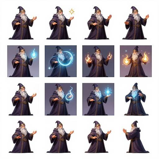 Digital illustration of a white-bearded wizard in a black robe and hat, casting various magical spells with glowing blue and orange effects. Twelve images in a