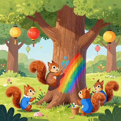 Illustration of five cheerful red squirrels painting a rainbow on a tree trunk in a sunny, lush forest, with three hanging lanterns.