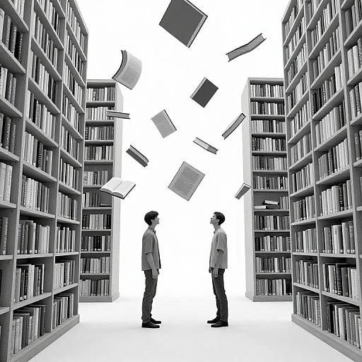 Black-and-white digital drawing of two silhouetted men facing each other in a library aisle with books flying upward.