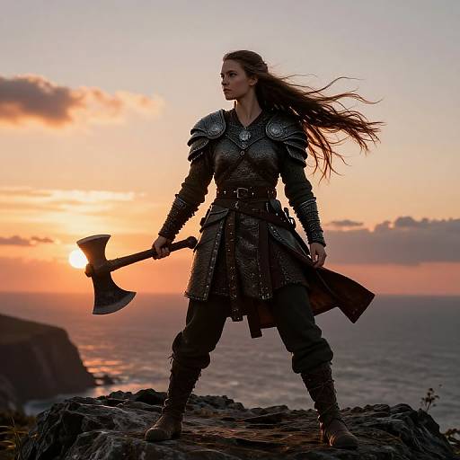 Photograph of a fierce warrior woman with long brown hair, standing on a rocky cliff at sunset, holding an axe, wearing dark, ornate armor