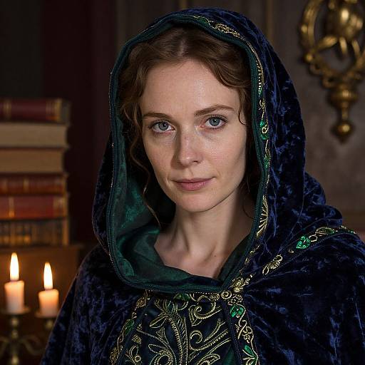 Photograph of a fair-skinned woman with blue eyes, wearing a dark velvet hooded cloak with gold and green embroidery, in a dimly lit