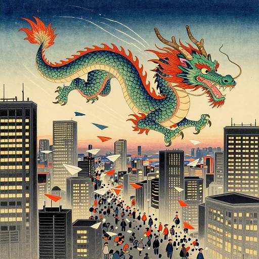 Digital illustration of a green, red-scaled dragon with horns, flying over a cityscape with tall buildings, scattering tiny, falling people and red paper