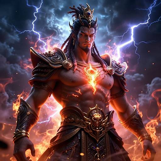 Muscled, dark-skinned warrior with dreadlocks, crowned, armored, surrounded by blazing fire and electric lightning, standing powerfully in a dramatic