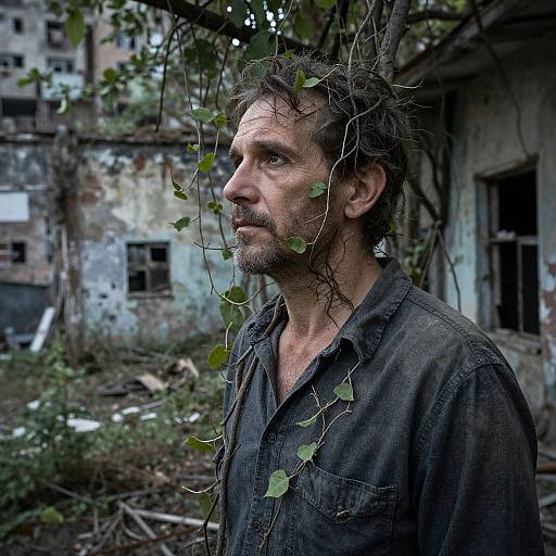 Photograph of a rugged, middle-aged man with unkempt hair and beard, wearing a dark shirt, surrounded by vines, in a dilapidated