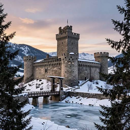 Photograph of a snow-covered medieval stone castle with two towers, surrounded by snow-covered trees and a frozen river at sunset.