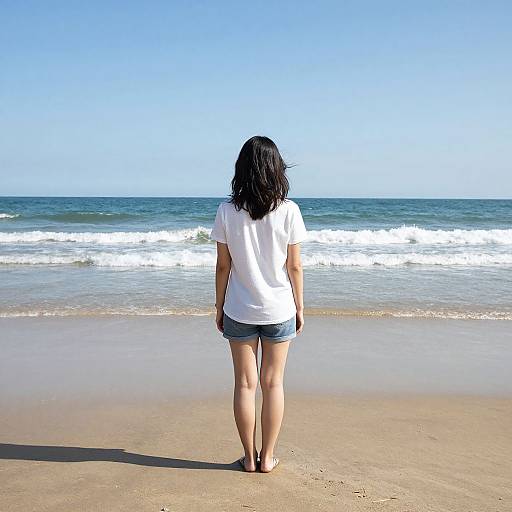 Photograph of a woman with black hair, wearing a white t-shirt and denim shorts, standing barefoot on a sandy beach, facing the ocean under