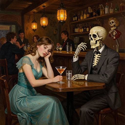 Elegant Woman and Skeletal Companion