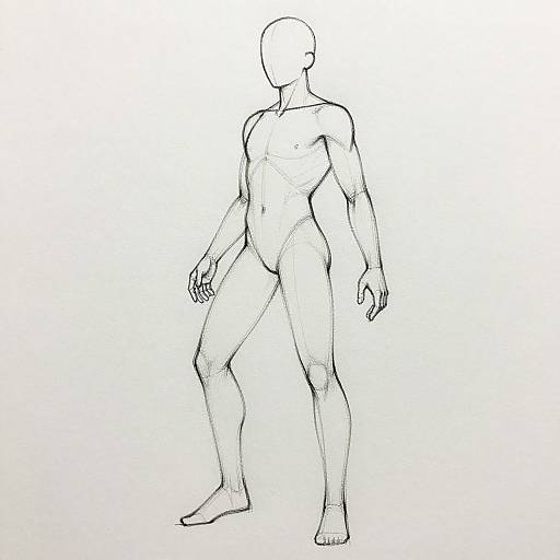 Black-and-white line drawing of a faceless, nude, muscular human figure standing with legs apart and arms slightly bent. Simple, minimalistic style.
