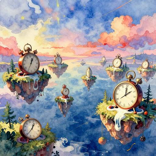Whimsical digital painting of floating clock islands with vibrant skies, colorful clouds, and clock hands showing various times. Clocks surrounded by grass and pine
