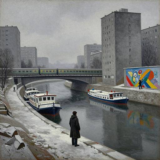 Photograph of a snowy urban canal scene with three white boats, a bridge, high-rise buildings, and a colorful mural. A person in a dark
