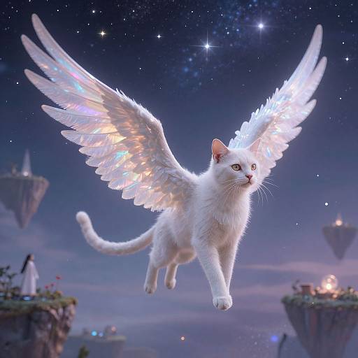 Digital art of a white cat with glowing angel wings soaring in a starry night sky, surrounded by floating islands.