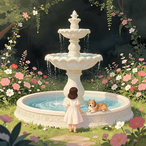 Digital illustration of a young girl in a white dress, standing by a white, ornate fountain with water cascading down, and a small tan dog