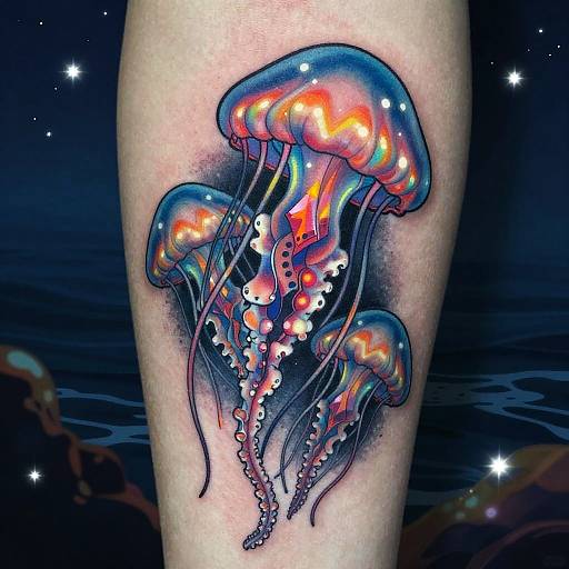 Vibrant tattoo of glowing jellyfish with multicolored, translucent bells and flowing tentacles on a human leg, set against a starry ocean