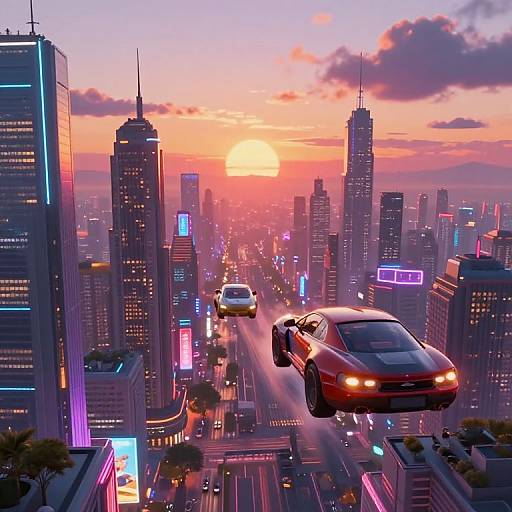 Digital artwork of a futuristic cityscape at sunset, featuring a flying red sports car above a neon-lit, multi-story highway with skyscrapers and