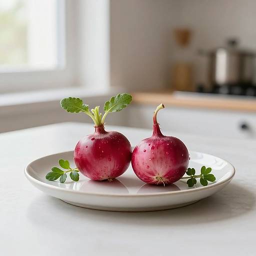 Photograph of two fresh, red radishes with green leaves on a white plate, placed on a white countertop in bright kitchen light.