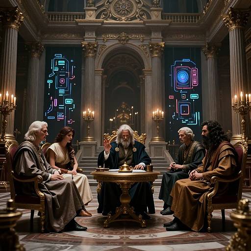 Photograph of five elderly, robed individuals seated in an ornate, dimly-lit room with glowing blue and pink neon panels, discussing around