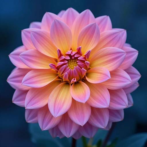 Photograph of a vibrant pink and yellow dahlia flower with glowing petals, centered against a deep blue, blurred background.