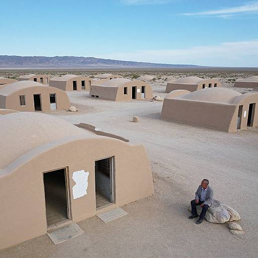Photograph of a desert village with beige, adobe-style huts, a lone man sitting on a bag in the foreground, under a bright blue