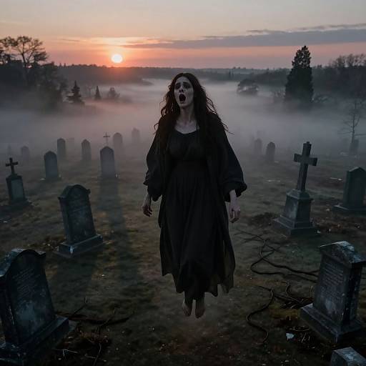 Photograph of a pale woman with long, dark hair, wearing a tattered black dress, floating eerily above a misty graveyard at sunset.