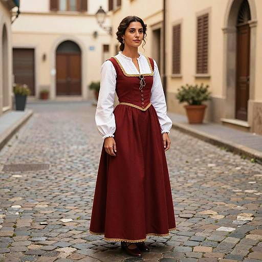 Woman in Italian Medieval Dress on Cobblestone Street