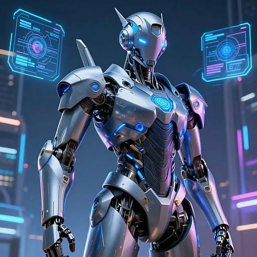 CGI sci-fi image of a shiny, blue-accented humanoid robot with glowing eyes and neon interfaces in a futuristic cityscape.