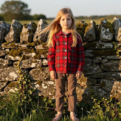 Young Girl by Mossy Stone Wall