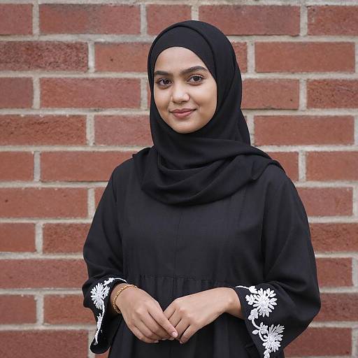Photograph of a young woman with light brown skin and brown eyes, wearing a black hijab and dress with white floral embroidery, standing against a red