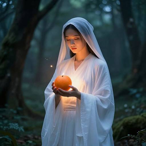 Photograph of a young woman in a white, hooded robe holding a glowing orange, illuminated in a dark, misty forest.
