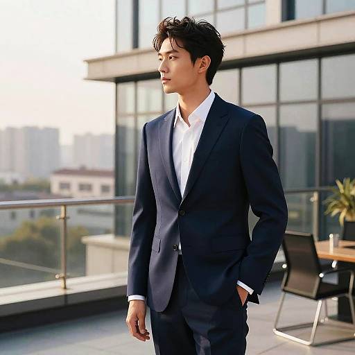 Photograph of a young Asian man with tousled black hair, wearing a sharp dark blue suit and white shirt, standing on a modern rooftop terrace with