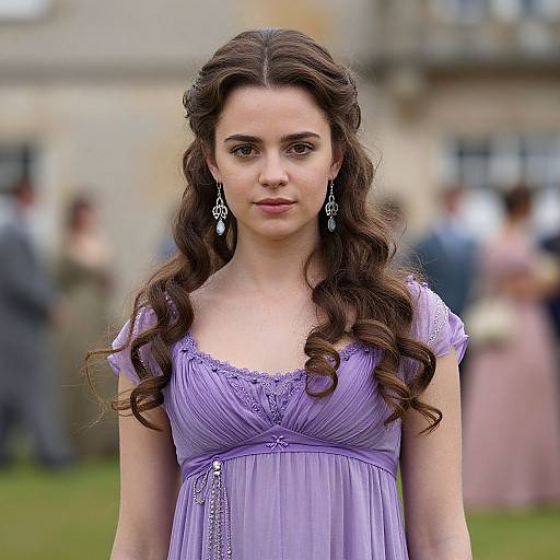 Photograph of a young woman with long, wavy brown hair, wearing a lavender dress and diamond earrings, standing outdoors in a blurred, grassy