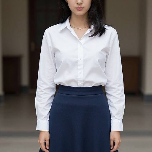 Photograph of an Asian woman with straight black hair, wearing a white long-sleeve blouse and high-waisted black skirt, standing indoors,