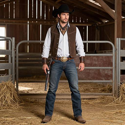 Photograph of a rugged cowboy in a barn, wearing a black hat, white shirt, brown vest, blue jeans, and holding a gun. Background