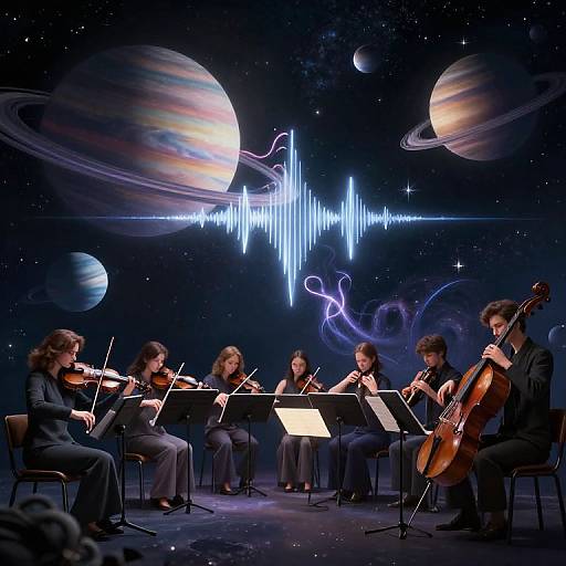 Photograph of a string quartet performing on stage with a cosmic background, featuring planets, rings, and a futuristic blue ECG wave. Musicians