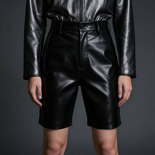 Photograph of a person wearing shiny black leather long-sleeve top and high-waisted shorts, standing against a dark gradient background.