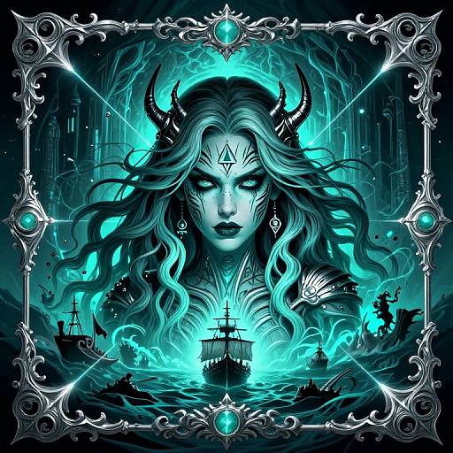 Digital illustration of a mystical sea goddess with glowing turquoise hair, horns, and eyes, surrounded by a ship and ornate frame.